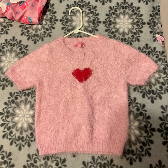 Sugar Thrillz Tops - Sugar Thrillz Fuzzy Pink Sweater with Red Heart